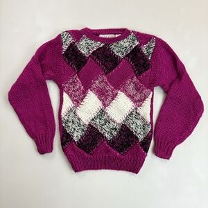 A'MILANO Hand Knit Argyle Sweater Large Soft Retro VTG 80s Valley Girl Fuchsia